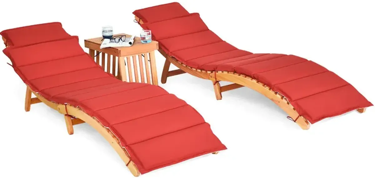 3 Pieces Folding Patio Eucalyptus Wood Lounge Chair Set with Foldable Side Table