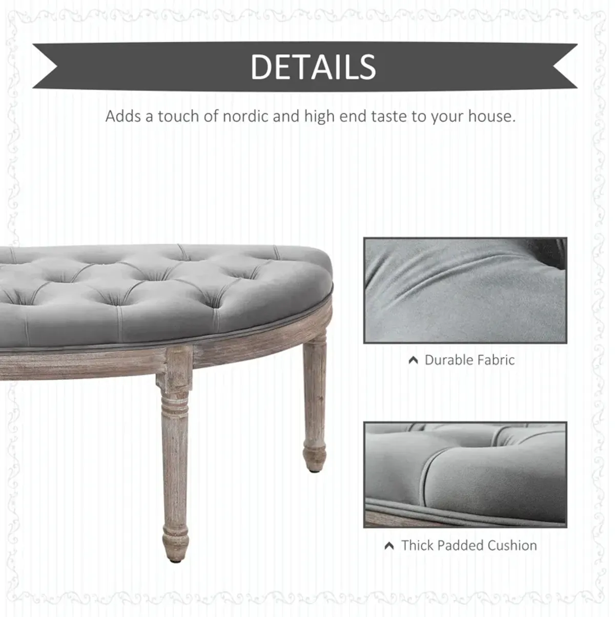 Grey Classic Accent: Tufted Half Circle Bench with Velvet-Touch Fabric