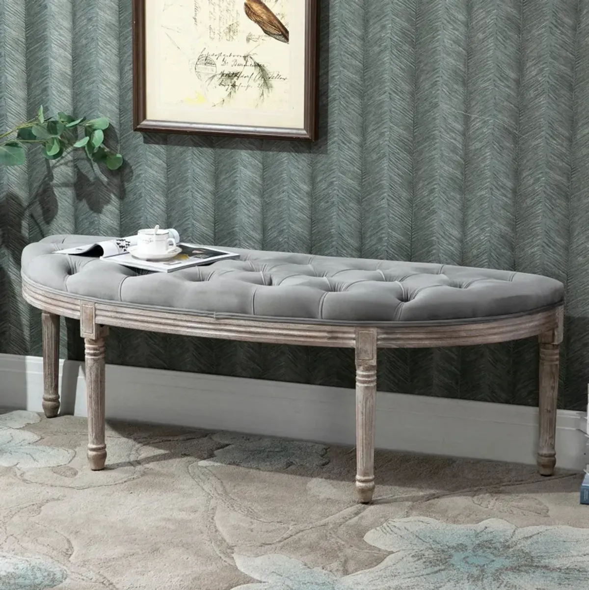 Grey Classic Accent: Tufted Half Circle Bench with Velvet-Touch Fabric