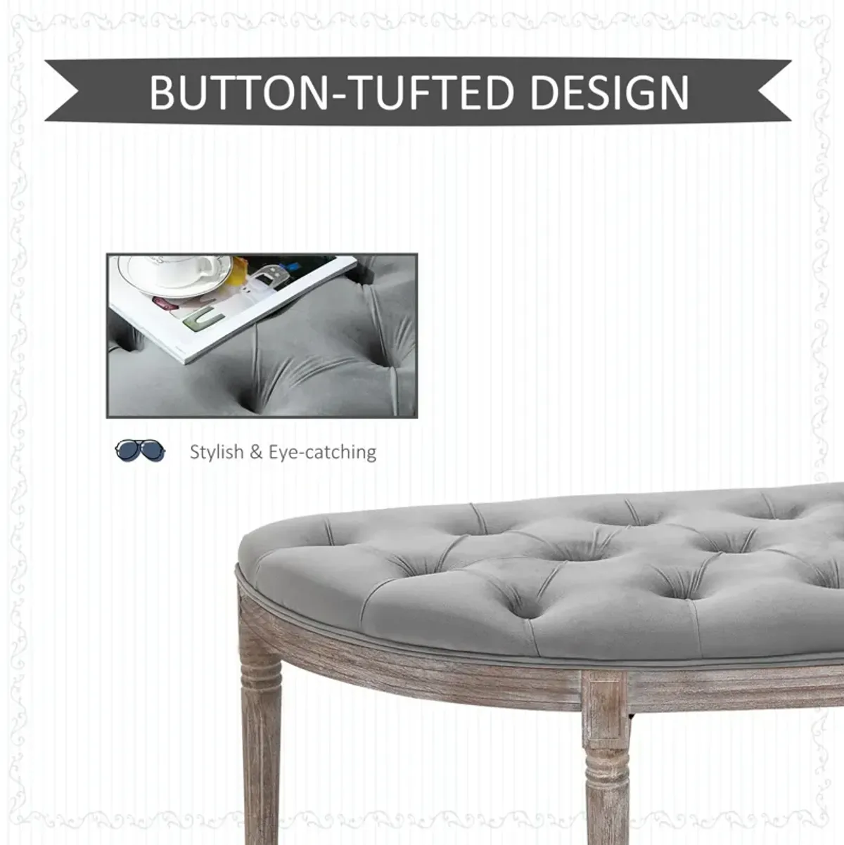 Grey Classic Accent: Tufted Half Circle Bench with Velvet-Touch Fabric