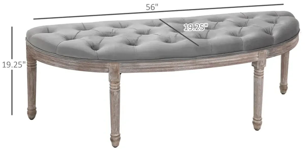 Grey Classic Accent: Tufted Half Circle Bench with Velvet-Touch Fabric