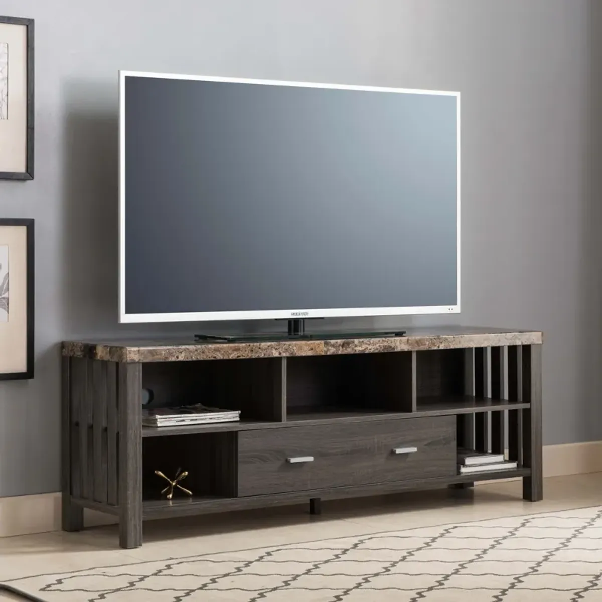 Streamdale TV Stand Faux Marble Yellow Distressed Grey