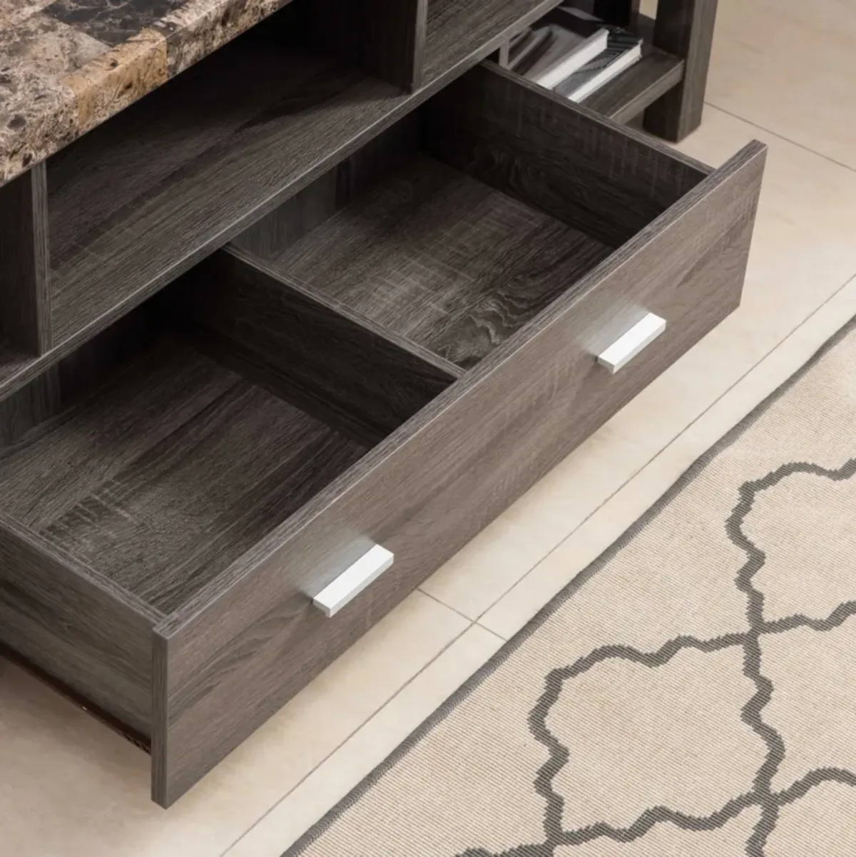 Streamdale TV Stand Faux Marble Yellow Distressed Grey