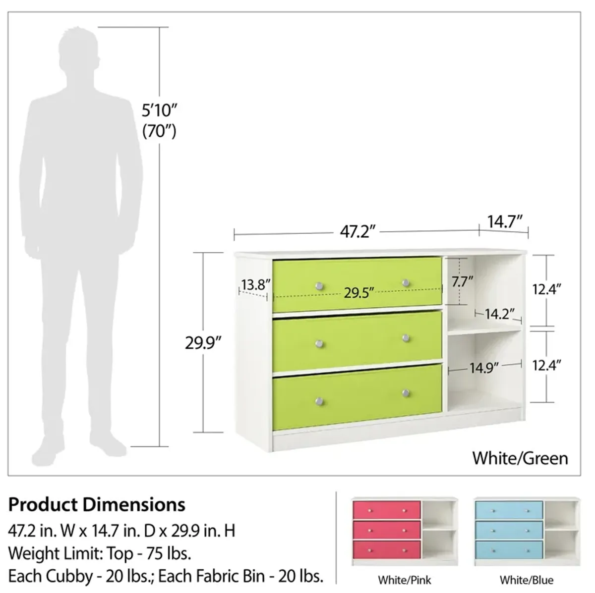 Mya Park Wide Dresser with 3 Fabric Bins