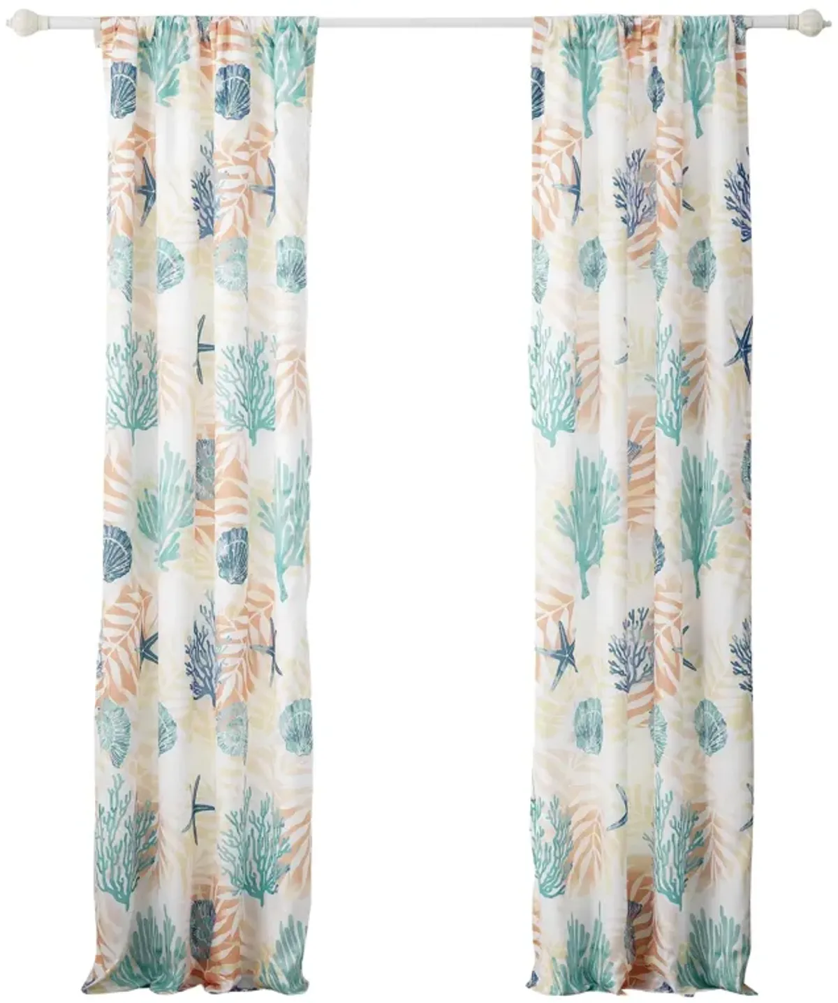 Geo 84 Inch Window Curtains, White Blue Polyester, Seashells Ferns Print - Benzara