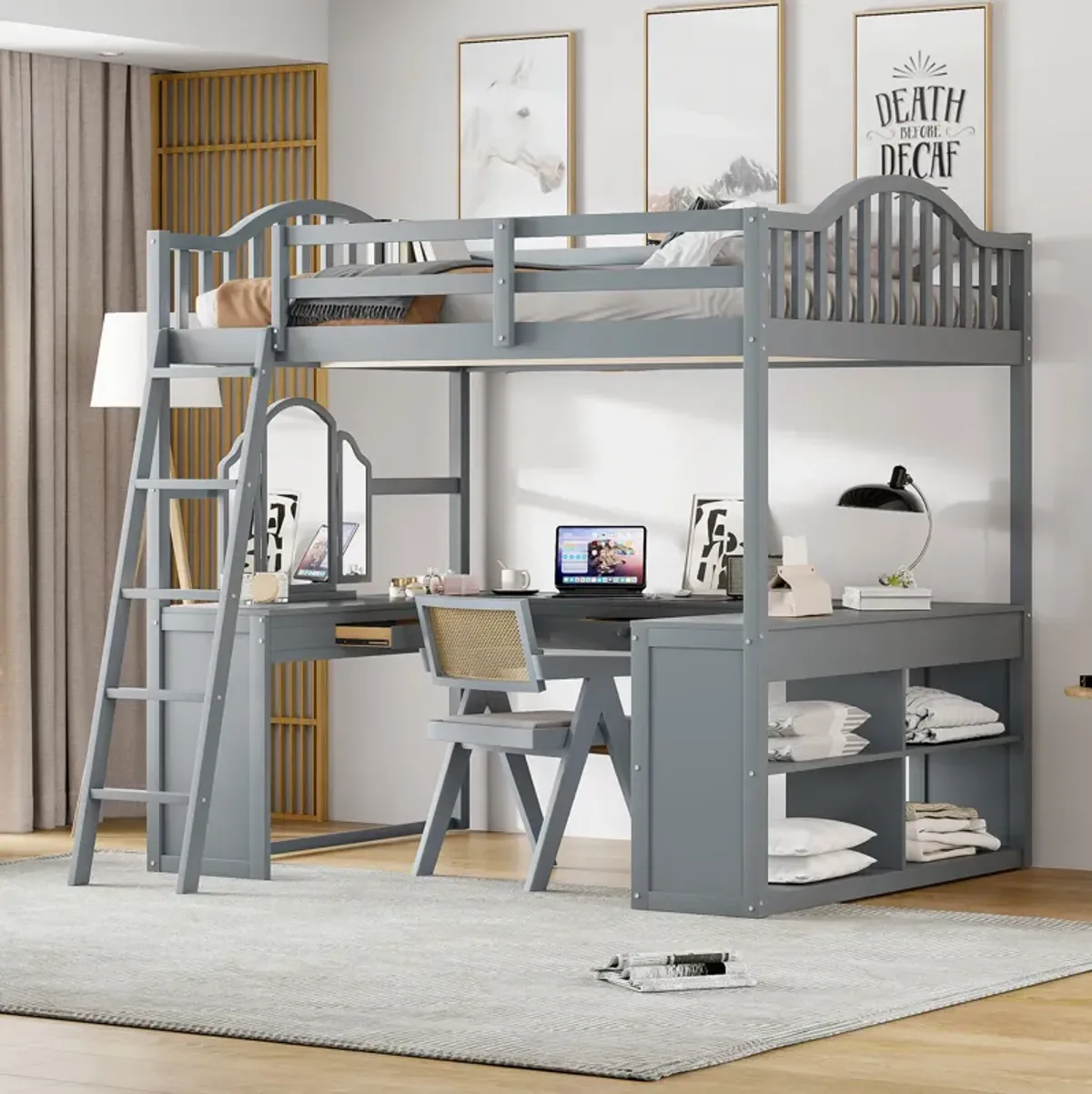 Merax Loft Bed with U-shaped Desk and Tri-fold Mirror