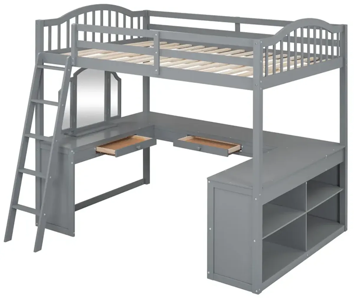 Merax Loft Bed with U-shaped Desk and Tri-fold Mirror