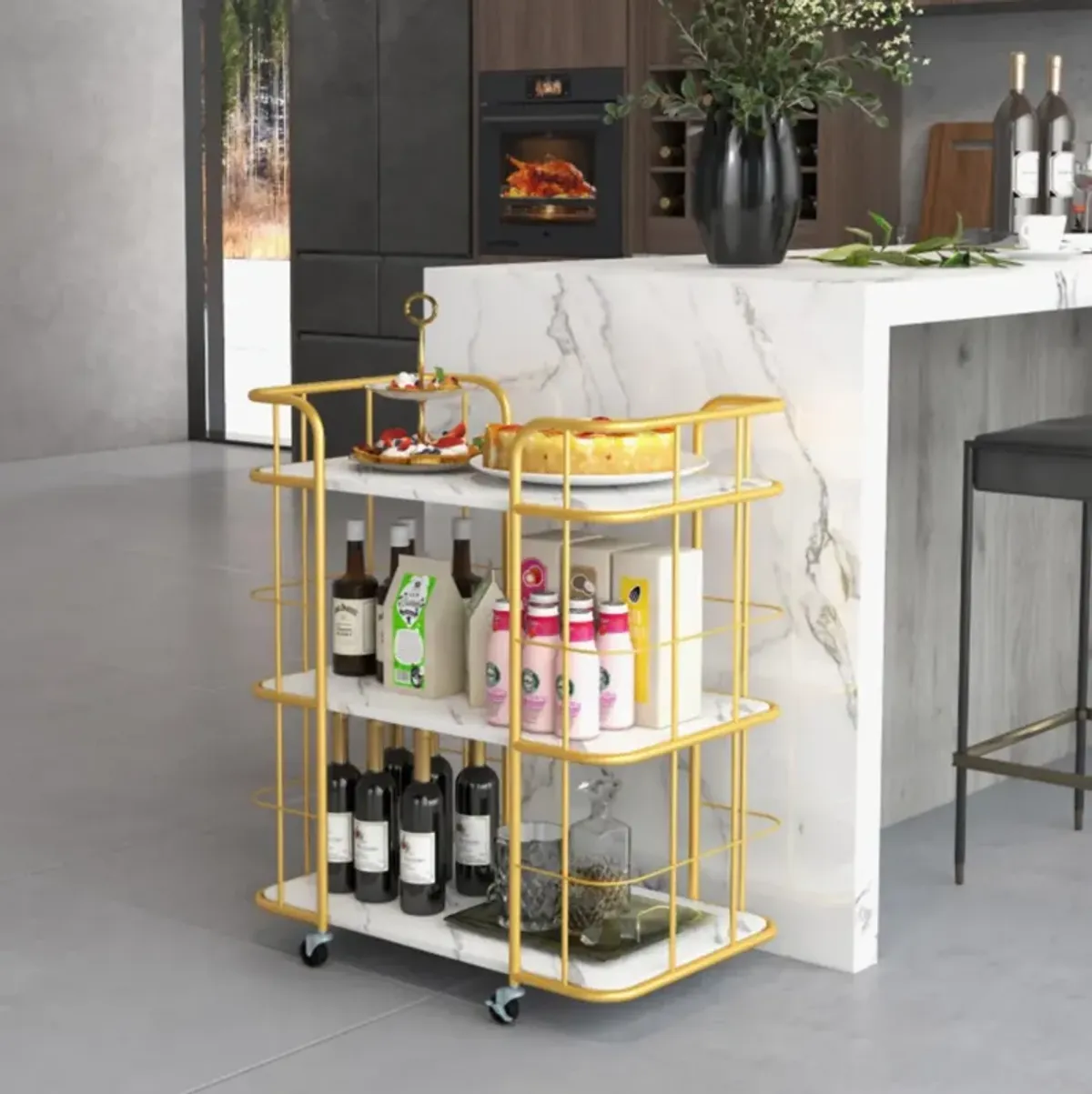 Hivvago 3-Tier Metal Kitchen Storage Serving Cart Trolley with Marble Tabletop and Handles-Golden