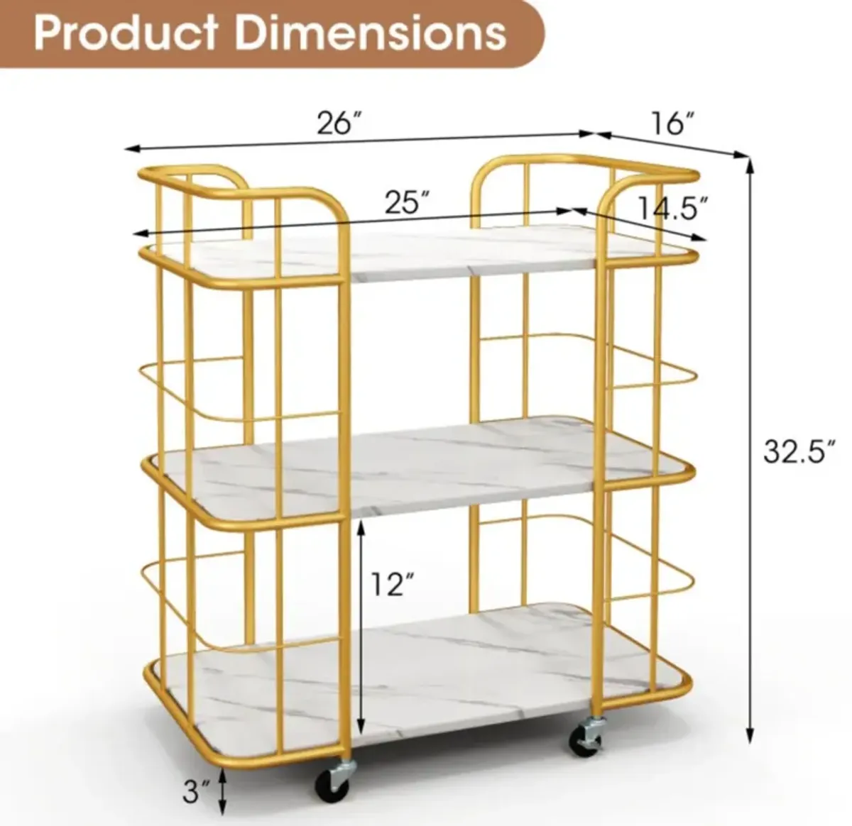 Hivvago 3-Tier Metal Kitchen Storage Serving Cart Trolley with Marble Tabletop and Handles-Golden