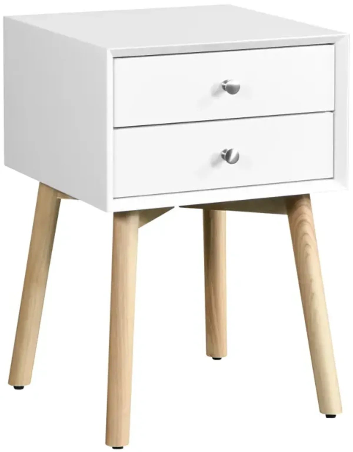 Side Table, Bedside Table With 2 Drawers And Rubber Wood Legs, Mid-Century Modern Storage