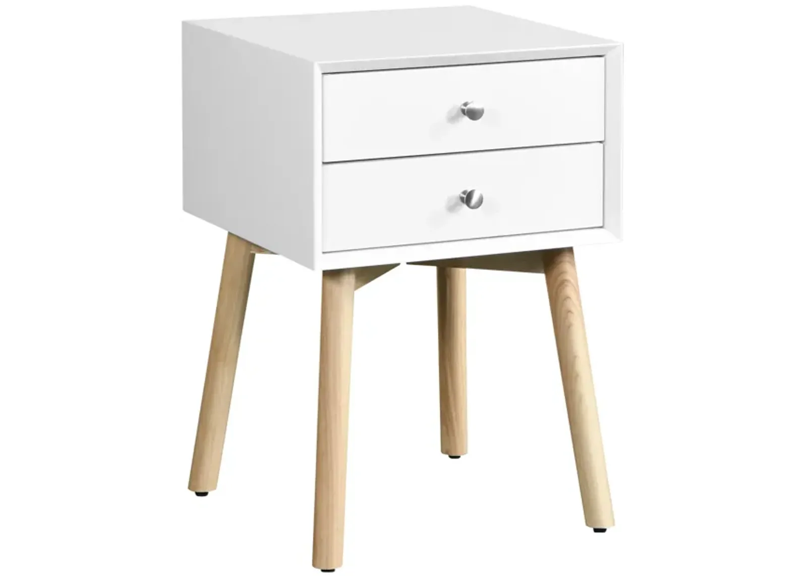 Side Table, Bedside Table With 2 Drawers And Rubber Wood Legs, Mid-Century Modern Storage