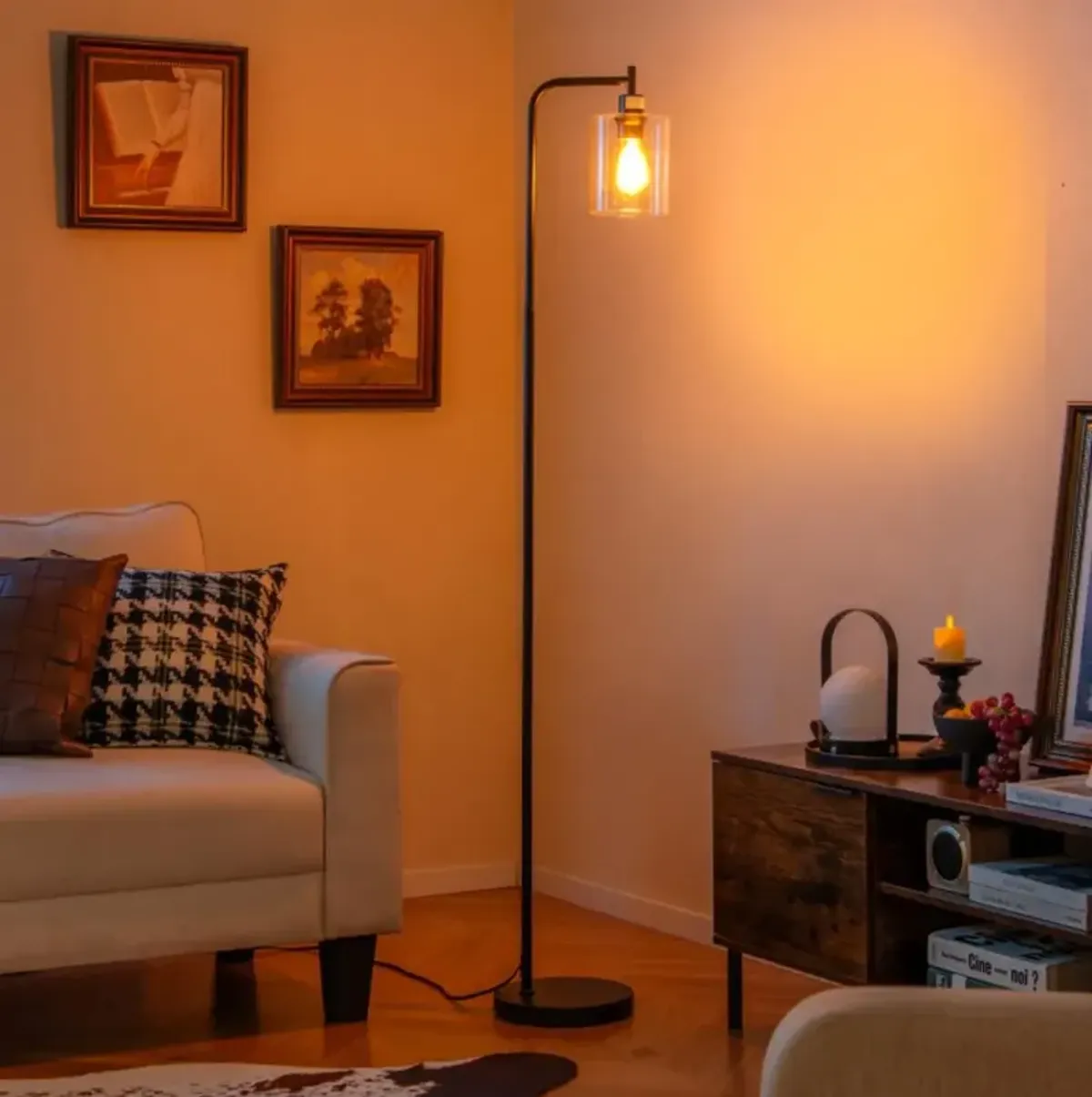 Hivvago Modern Floor Lamp with Hanging Glass Lampshade and Foot Switch