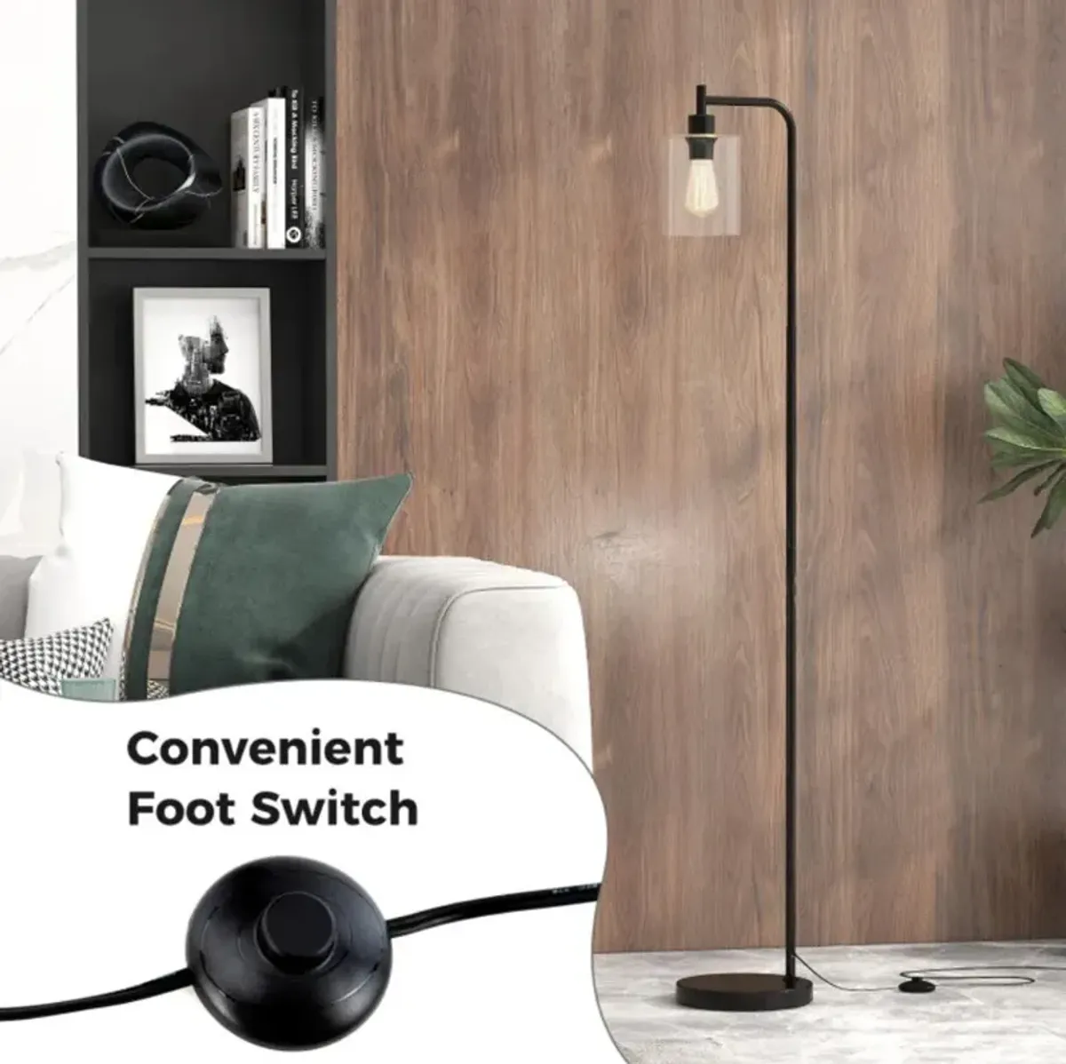 Hivvago Modern Floor Lamp with Hanging Glass Lampshade and Foot Switch