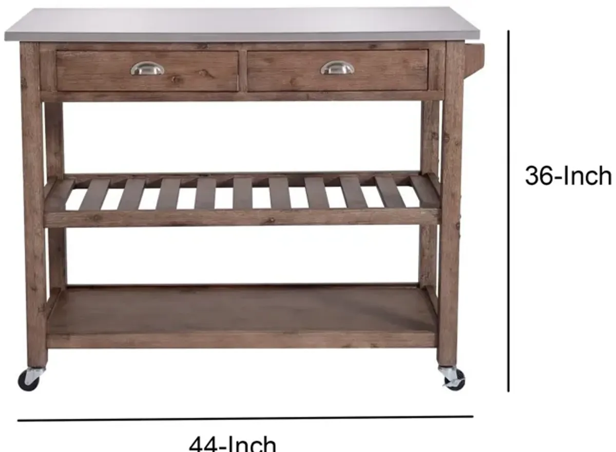 2 Drawers Wooden Kitchen Cart with Metal Top and Casters, Gray and Brown-Benzara