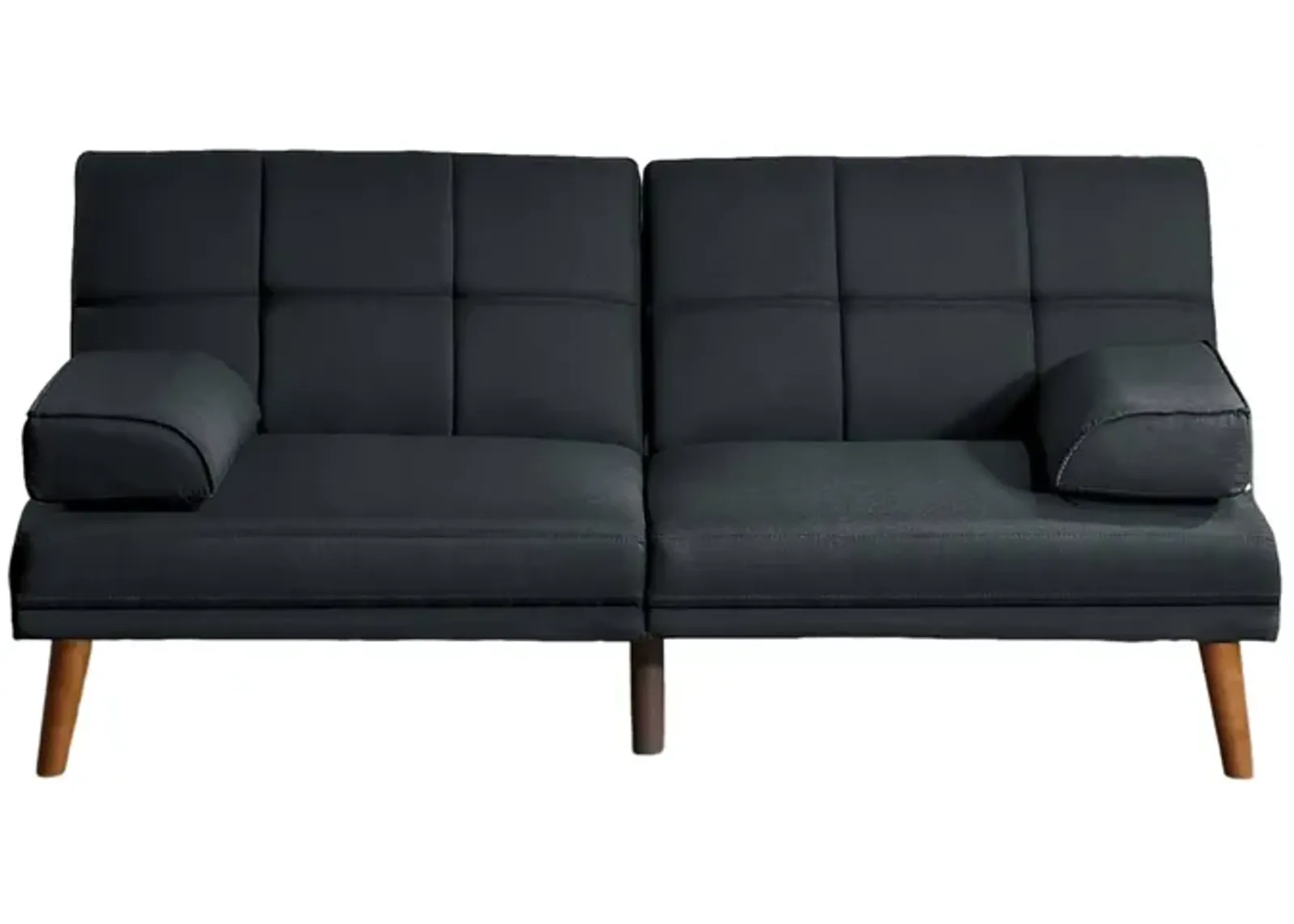 Gina 71 Inch Adjustable Futon Sofa Bed, Square Tufted, Tapered Legs, Black - Benzara