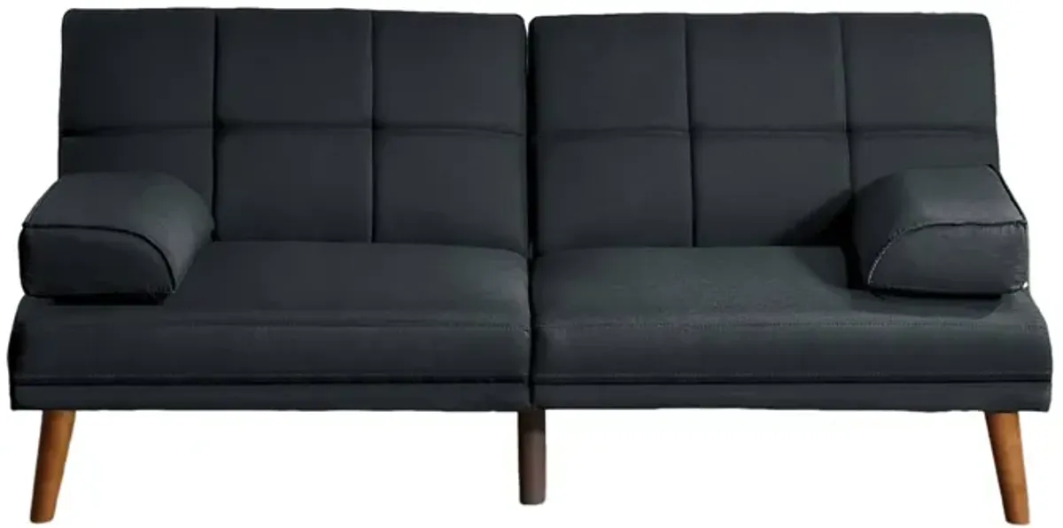 Gina 71 Inch Adjustable Futon Sofa Bed, Square Tufted, Tapered Legs, Black - Benzara