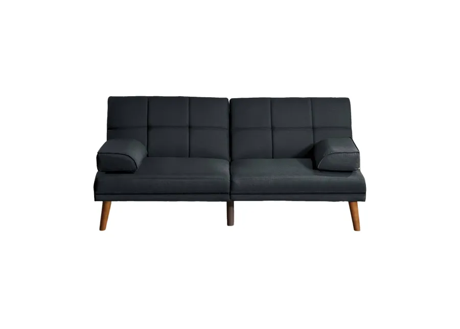 Gina 71 Inch Adjustable Futon Sofa Bed, Square Tufted, Tapered Legs, Black - Benzara