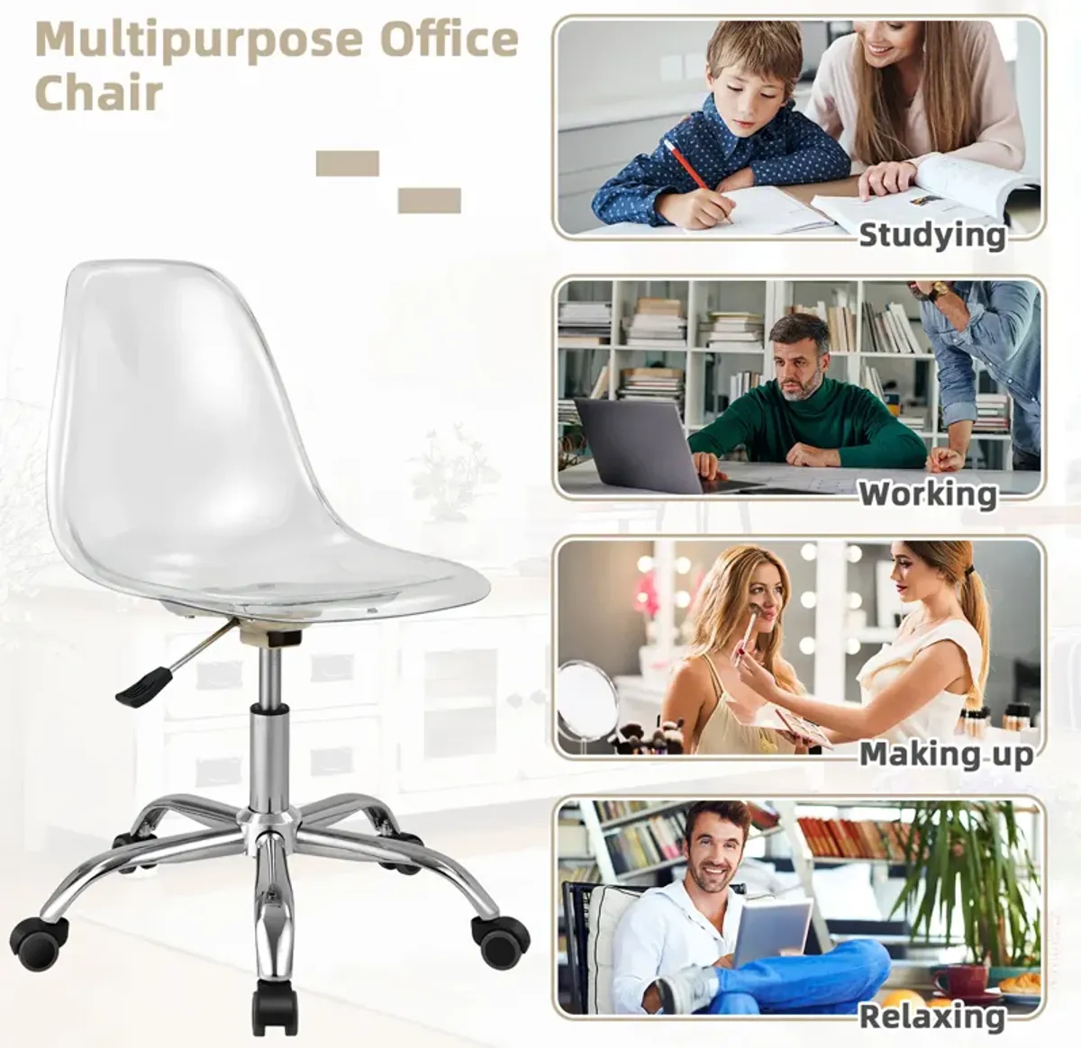 Costway Rolling Acrylic Armless Office Chair Swivel Vanity Chair Adjustable Height