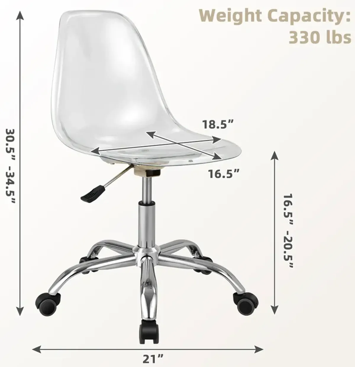 Costway Rolling Acrylic Armless Office Chair Swivel Vanity Chair Adjustable Height