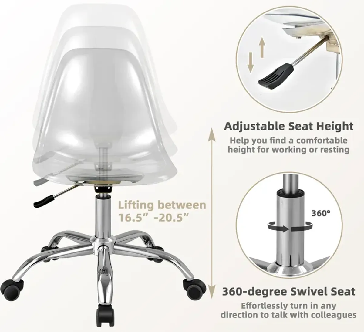 Costway Rolling Acrylic Armless Office Chair Swivel Vanity Chair Adjustable Height