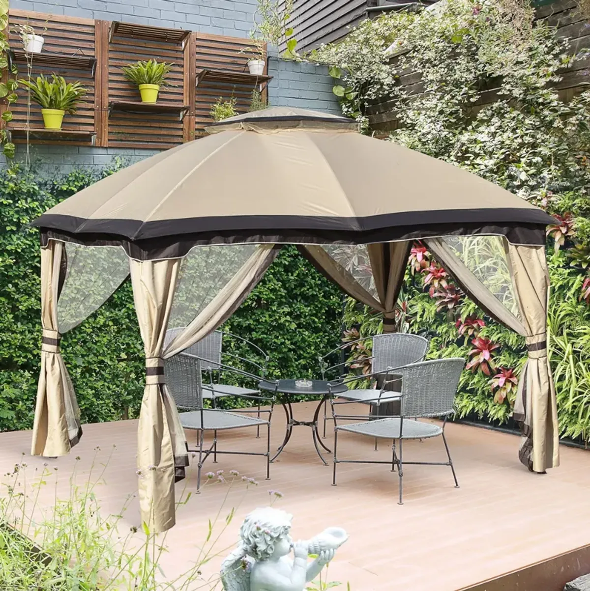 Beige Backyard Retreat: 10x12 Steel Frame Gazebo with Mesh Walls