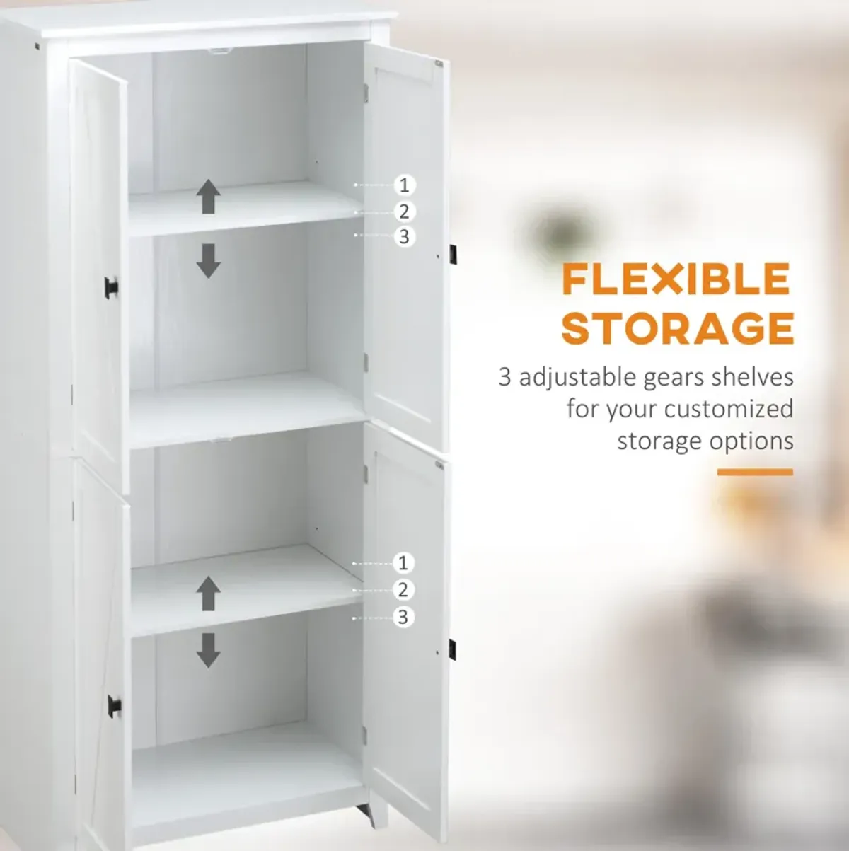 White Kitchen Storage: 72" Freestanding 4-Door Pantry Organizer