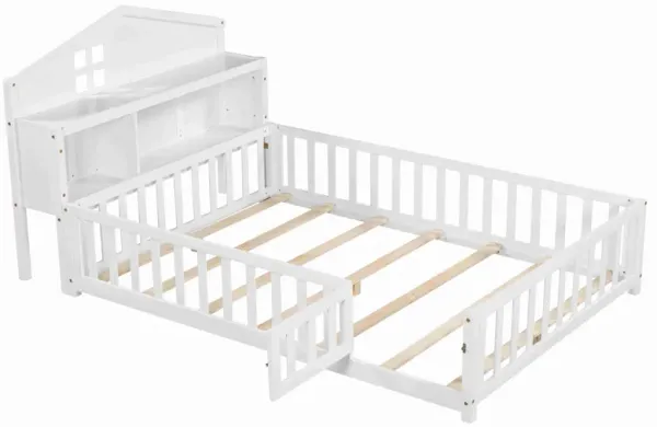 Full-size Montessori Floor Bed with Bookcases and Blackboards, Versatile Platform Beds with Guard rails, Solid Wood Floor Beds with Storage Headboards, Floor Beds for Kids and Teens