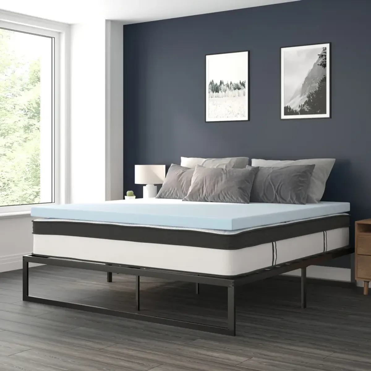 Leo 14 Inch Metal Platform Bed Frame with 12 Inch Pocket Spring Mattress in a Box and 3 inch Cool Gel Memory Foam Topper - King