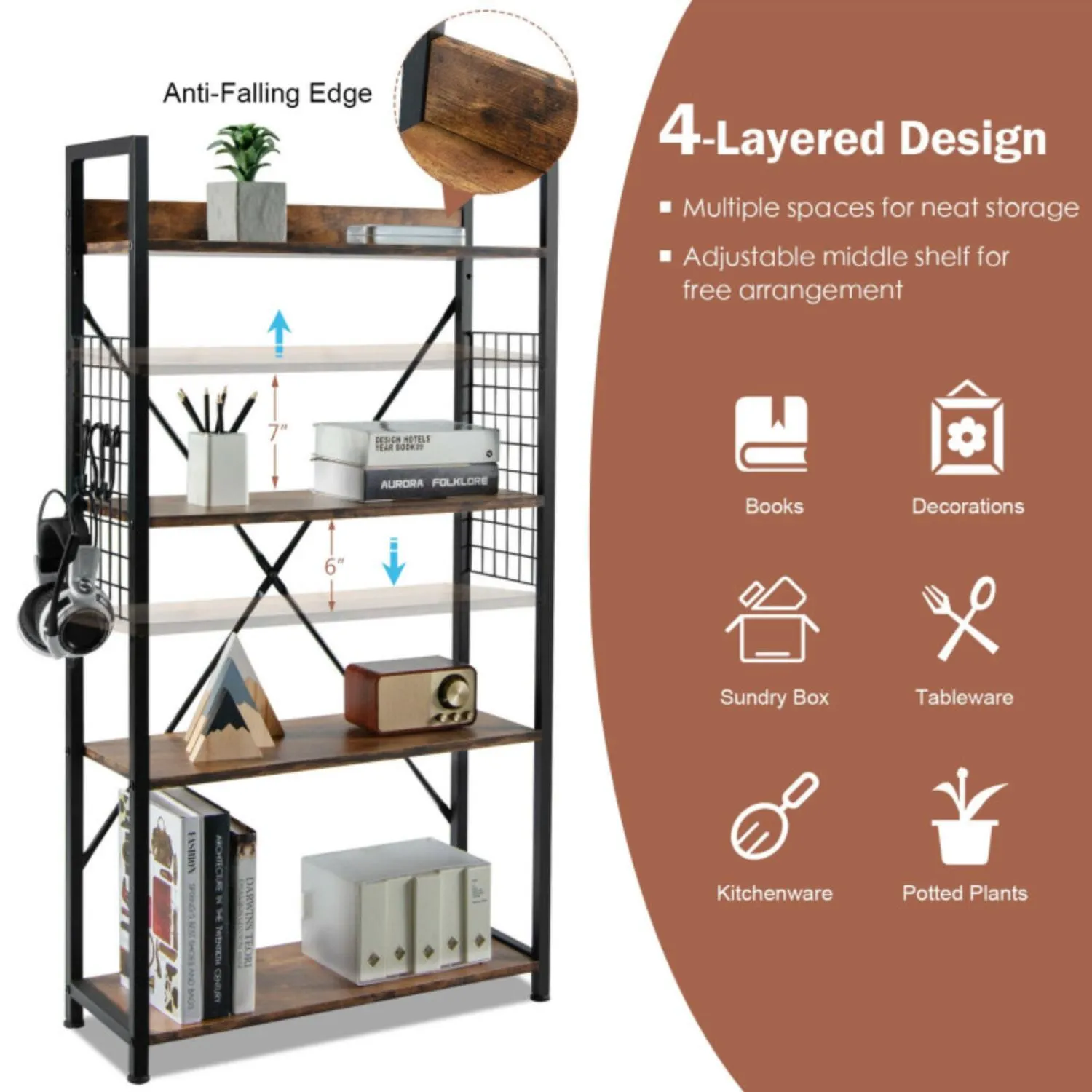 Hivvago 4 -Tier Industrial Open Storage Bookshelf-Coffee