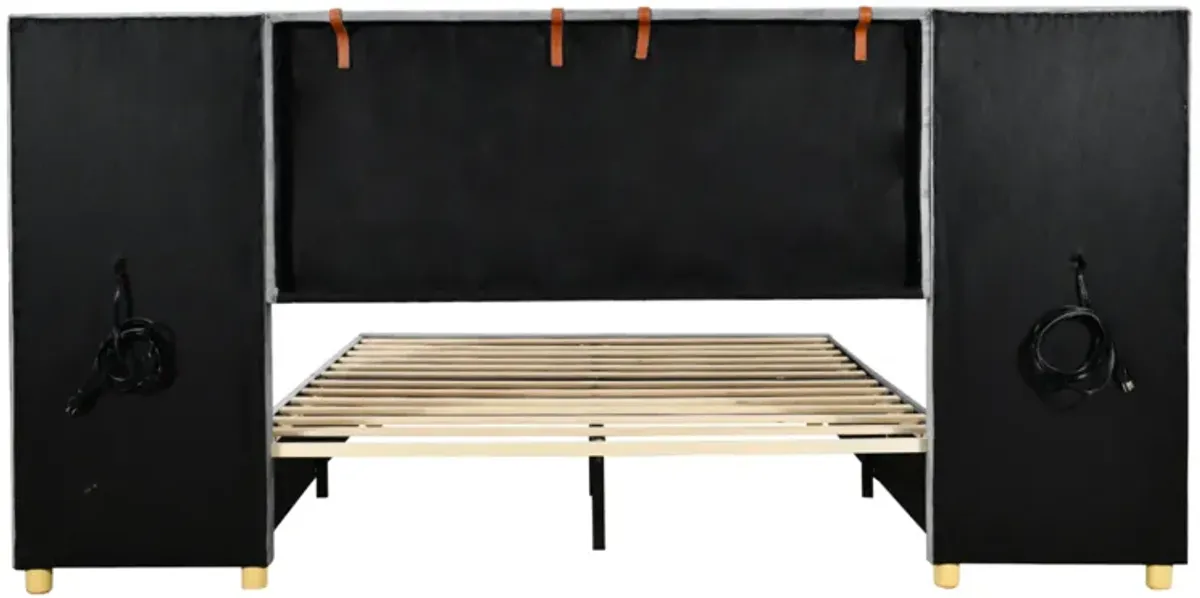 Merax Velvet Platform Bed  with Built-in Pillows