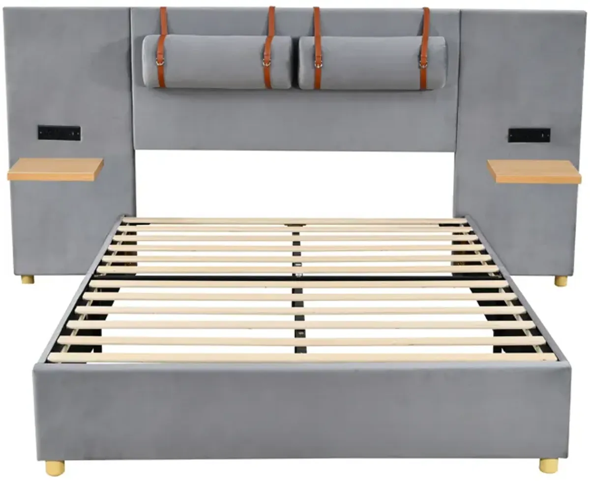 Merax Velvet Platform Bed  with Built-in Pillows