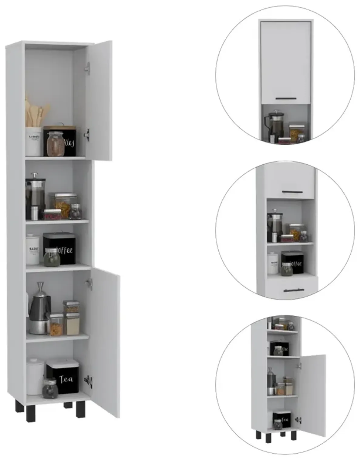 Hobart Pantry, Four Legs, Three Interior Shelves, Two Shelves, Two Cabinets - White