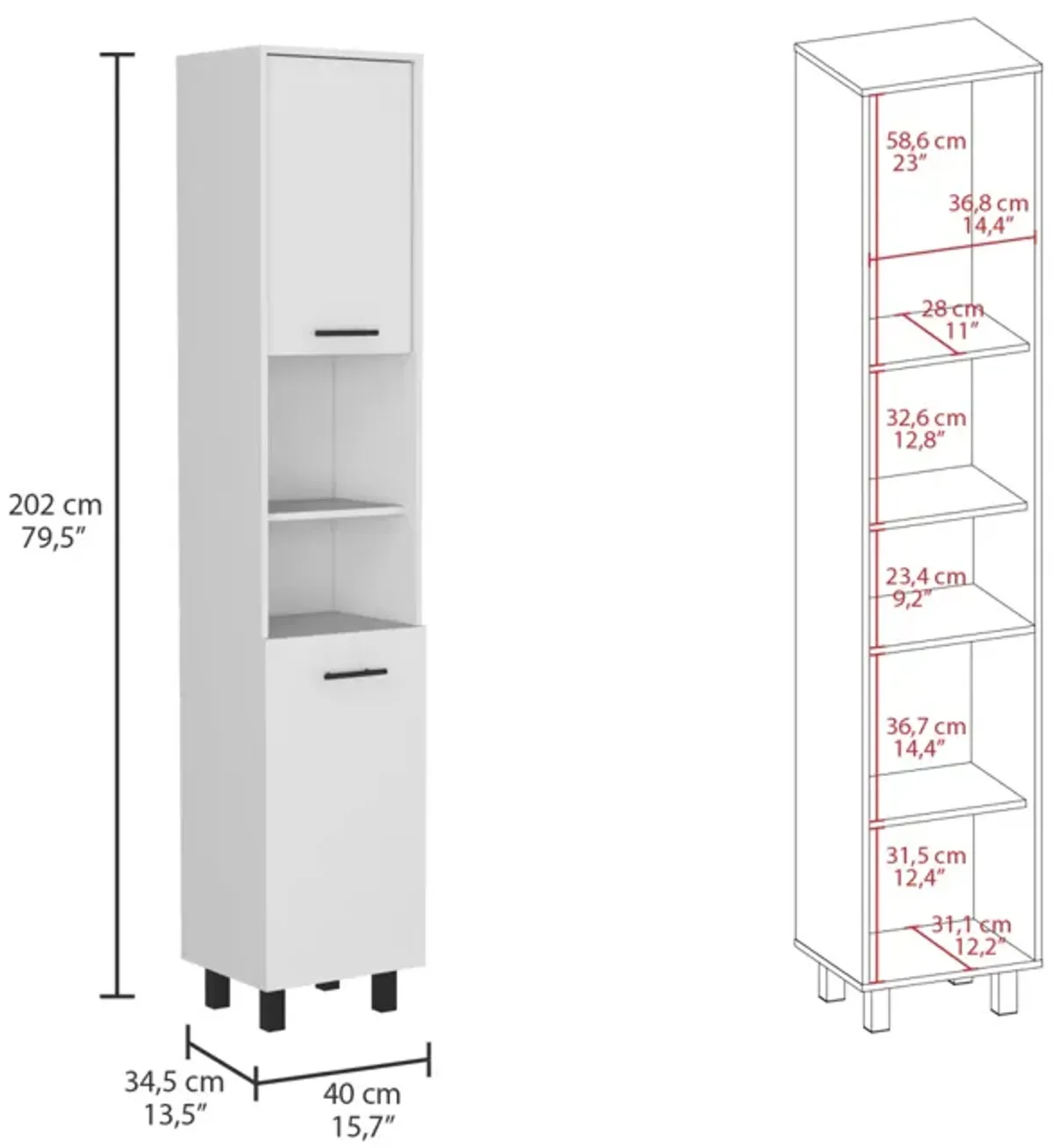 Hobart Pantry, Four Legs, Three Interior Shelves, Two Shelves, Two Cabinets - White