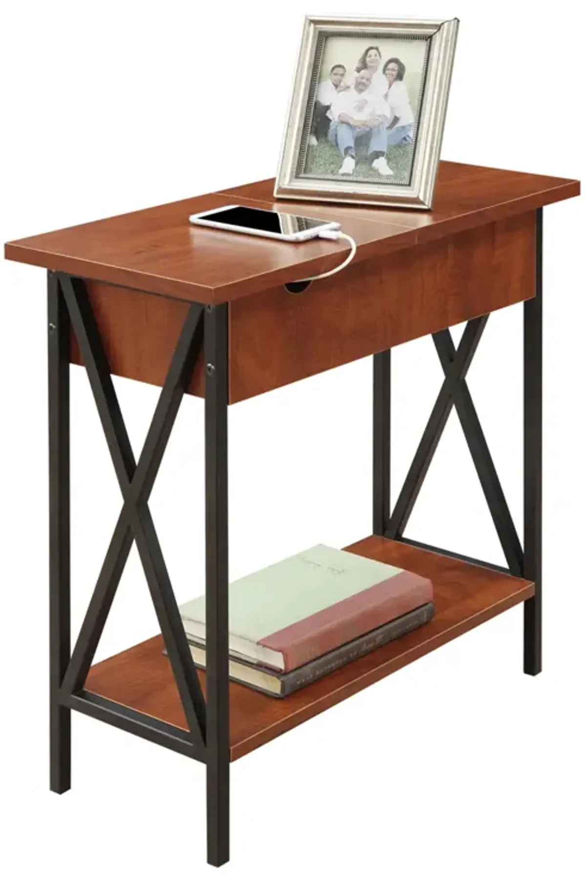 Tucson Flip Top End Table with Charging Station and Shelf