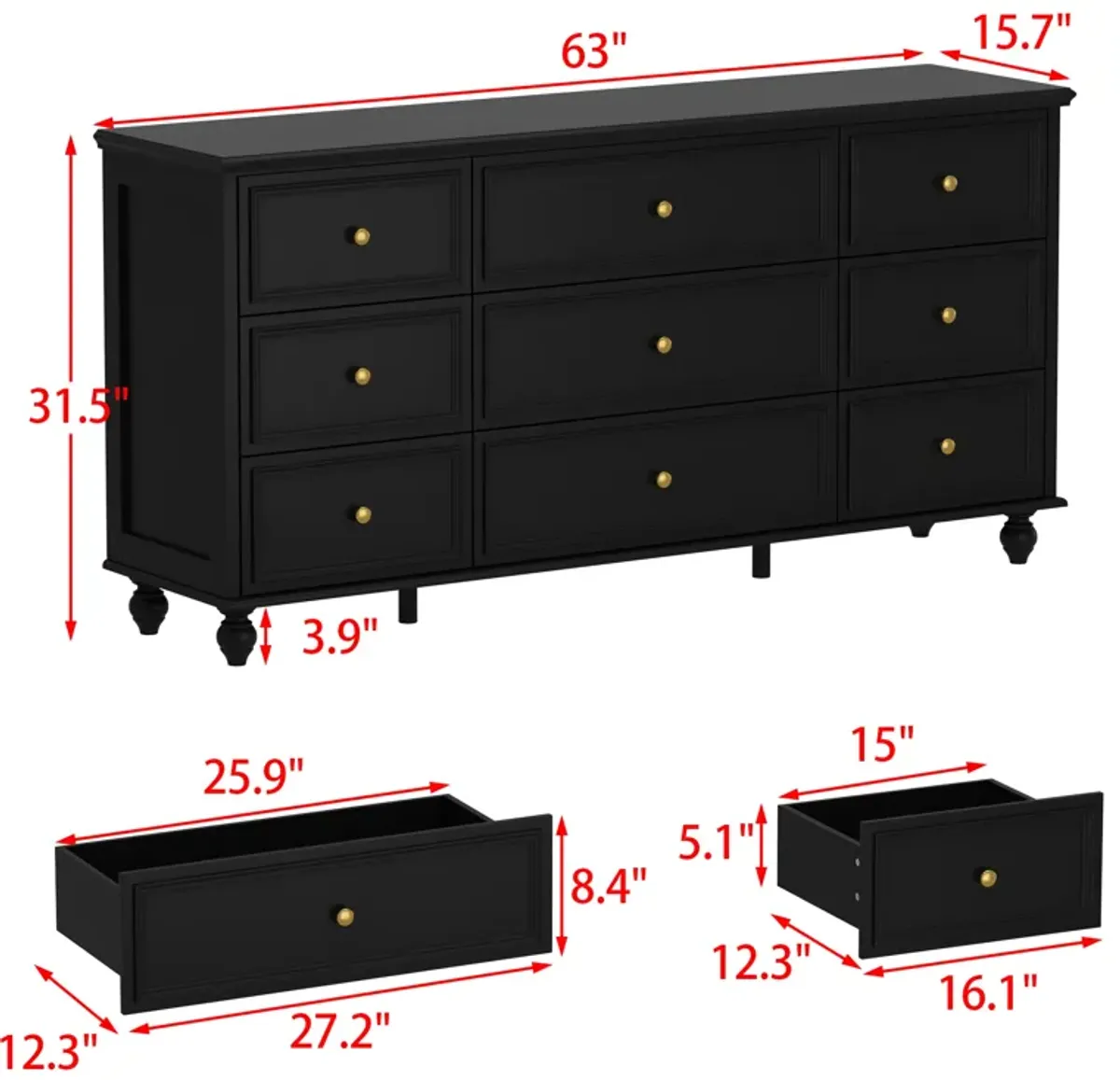 Black Wooden 9-Drawer Chest of Drawers 63 in. W x 31.5 in. H x 15.7 in. D Dresser, Modern European Style