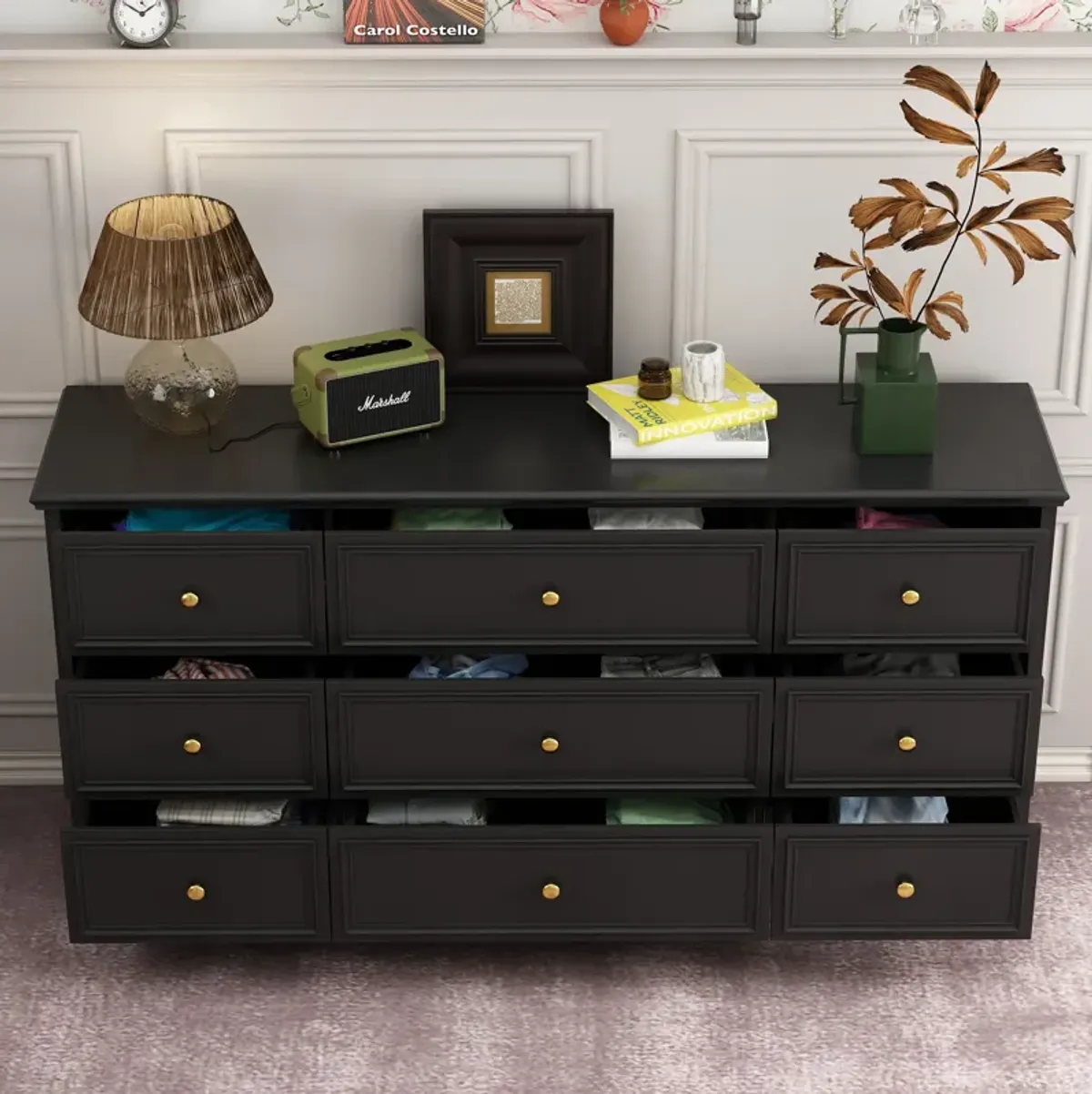 Black Wooden 9-Drawer Chest of Drawers 63 in. W x 31.5 in. H x 15.7 in. D Dresser, Modern European Style