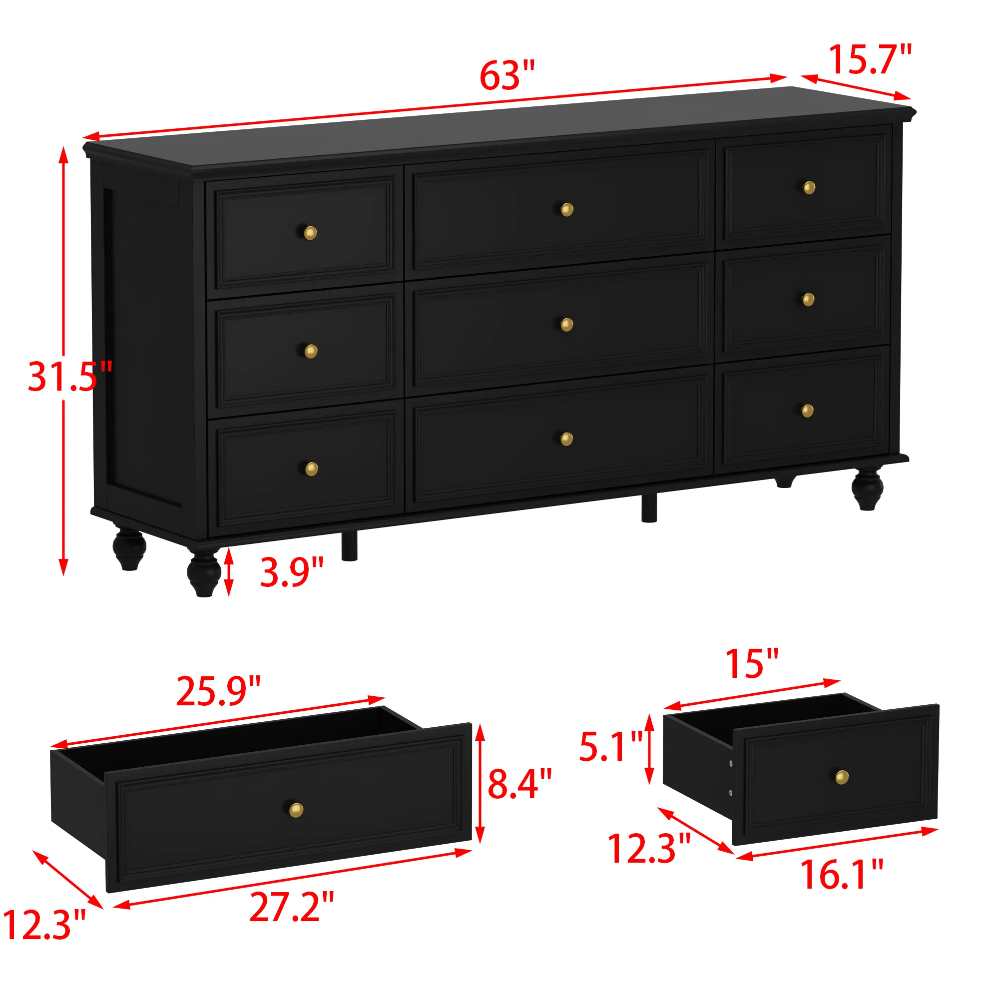 Black Wooden 9-Drawer Chest of Drawers 63 in. W x 31.5 in. H x 15.7 in. D Dresser, Modern European Style