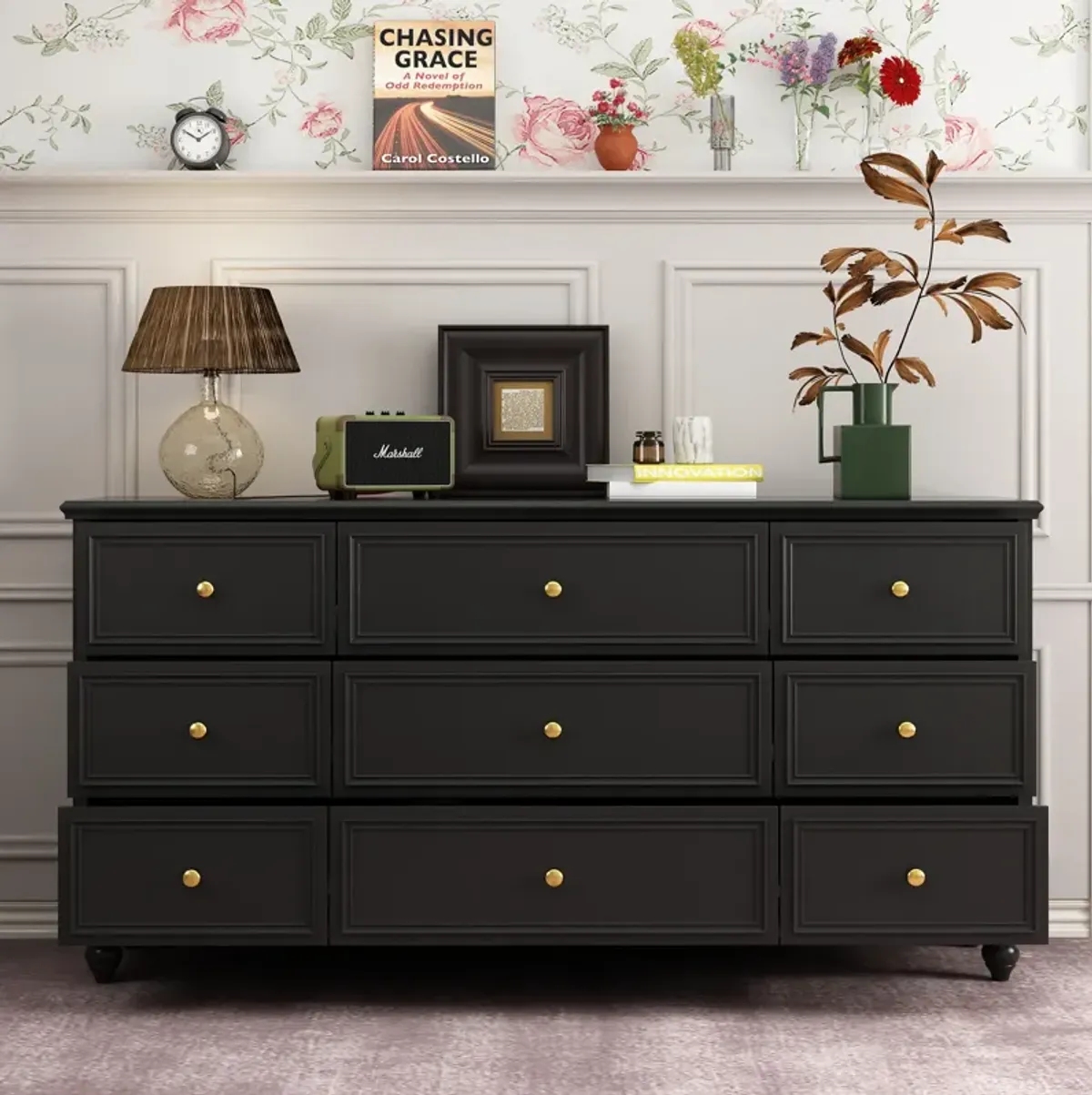 Black Wooden 9-Drawer Chest of Drawers 63 in. W x 31.5 in. H x 15.7 in. D Dresser, Modern European Style