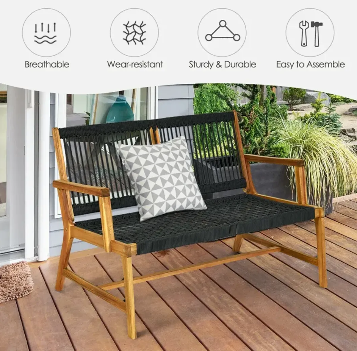 2-Person Acacia Wood Yard Bench for Balcony and Patio