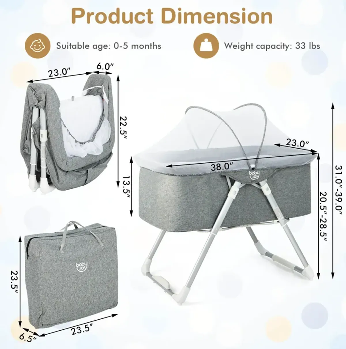 2-In-1 Baby Bassinet with Mattress and Net-Gray