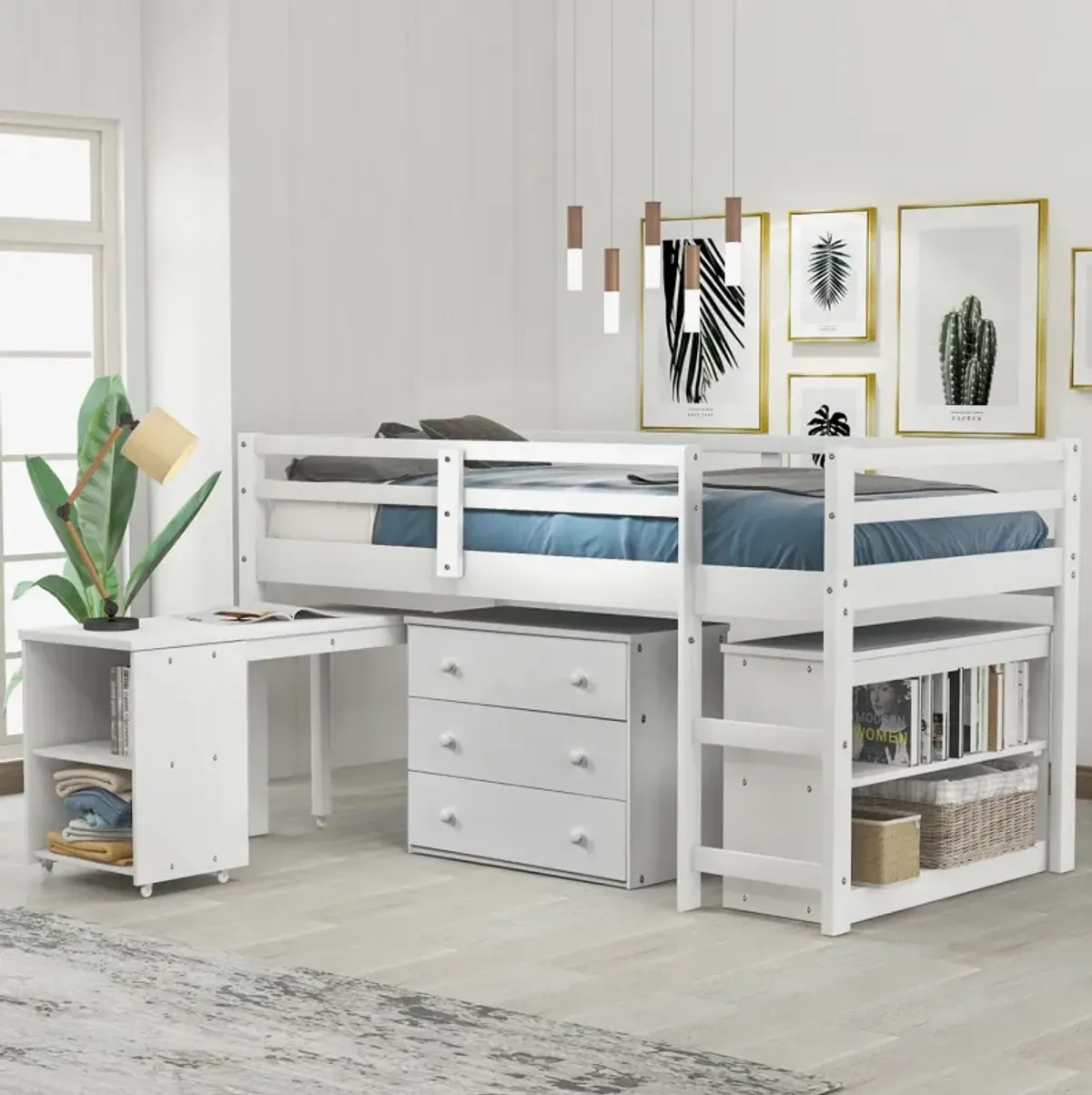 Low Study Twin Loft Bed With Cabinet And Rolling Portable Desk