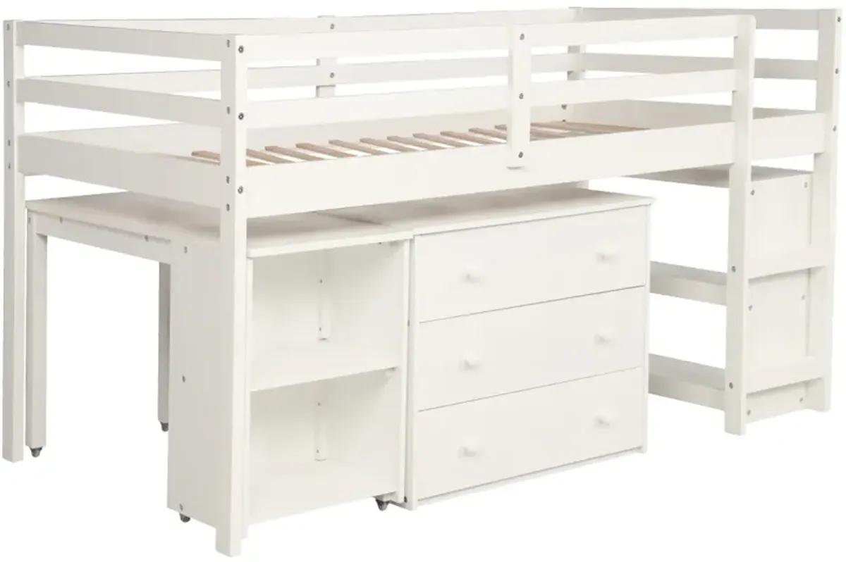 Low Study Twin Loft Bed With Cabinet And Rolling Portable Desk