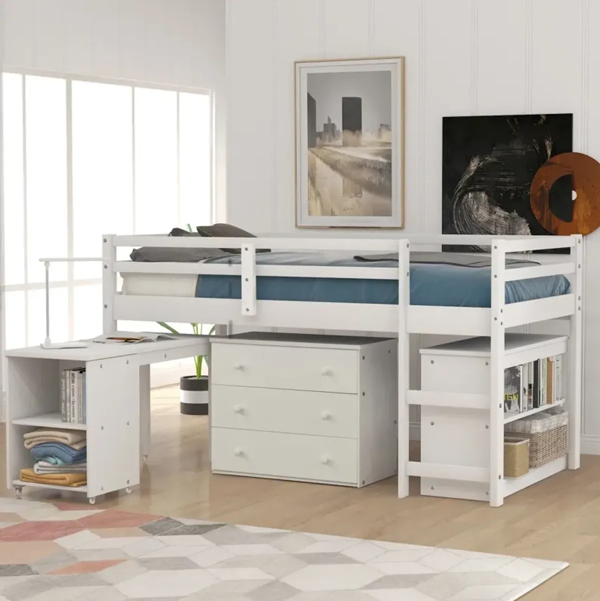 Low Study Twin Loft Bed With Cabinet And Rolling Portable Desk