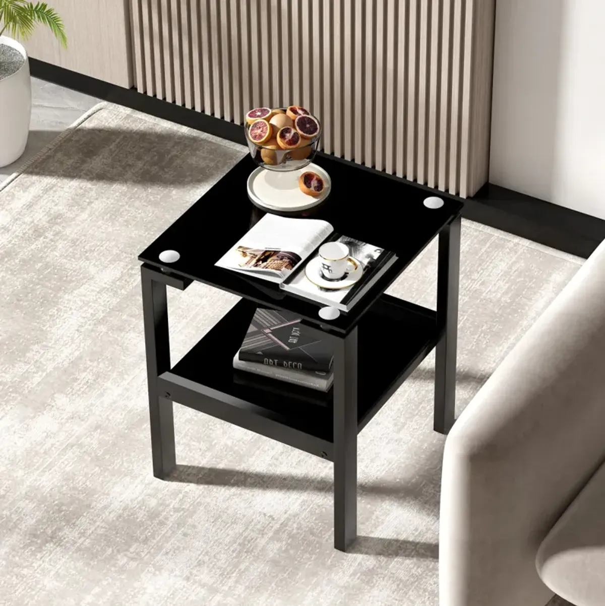 Black Tempered Glass End Table With 2 Layer, Small Side Table For Living Room