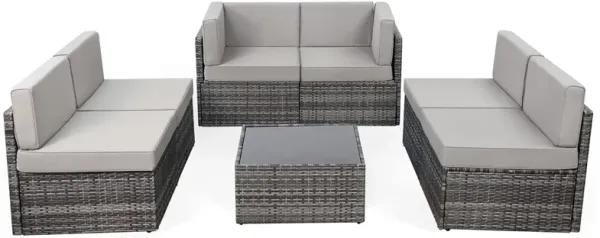 Mondawe 7-Piece Outdoor Sectional Sofa Patio Conversation Set, PE Rattan Wicker Furniture, Steel Frame with Gray Rattan