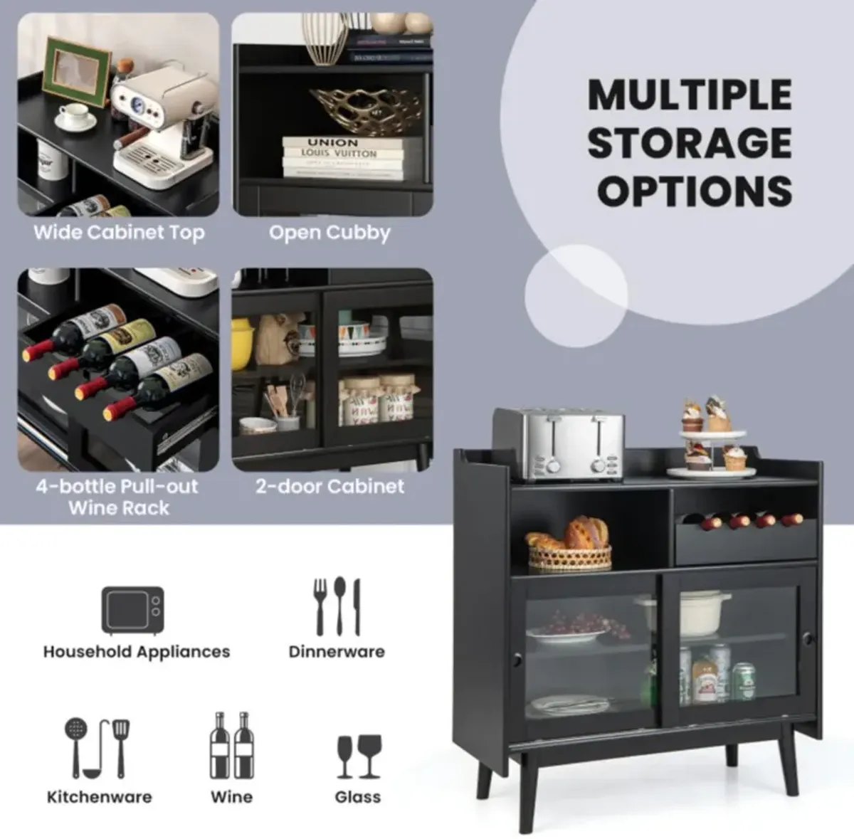 Hivvago Kitchen Buffet Sideboard with Wine Rack and Sliding Door-Black