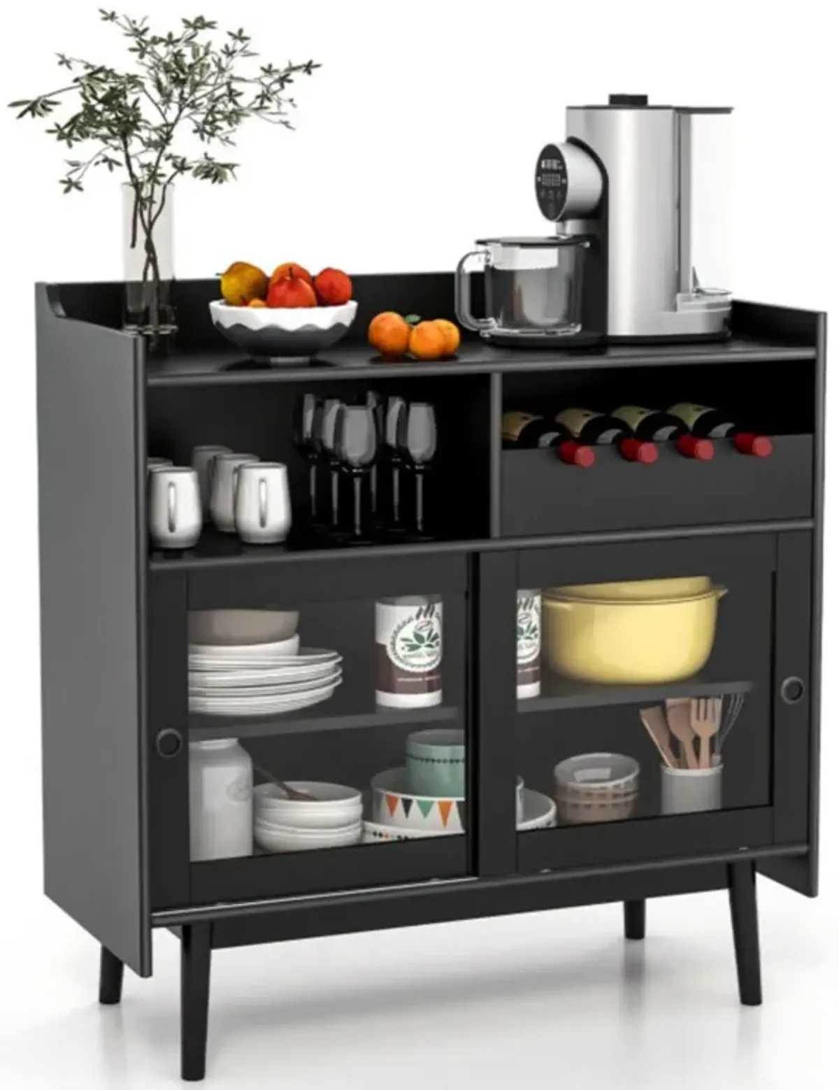Hivvago Kitchen Buffet Sideboard with Wine Rack and Sliding Door-Black