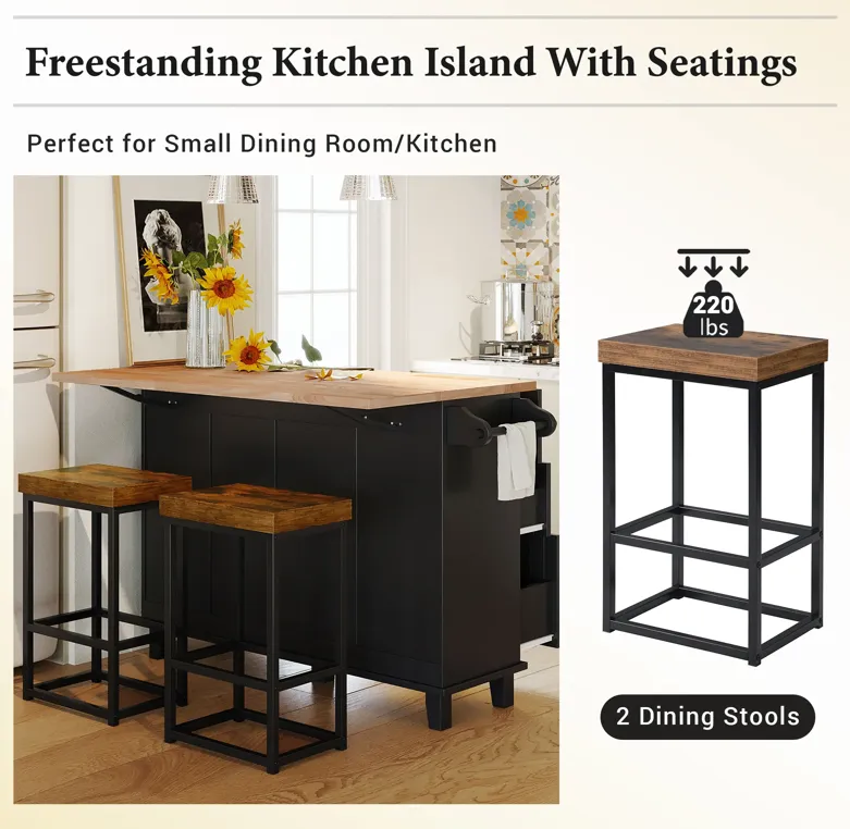 Farmhouse Kitchen Island Set with 2 Stools