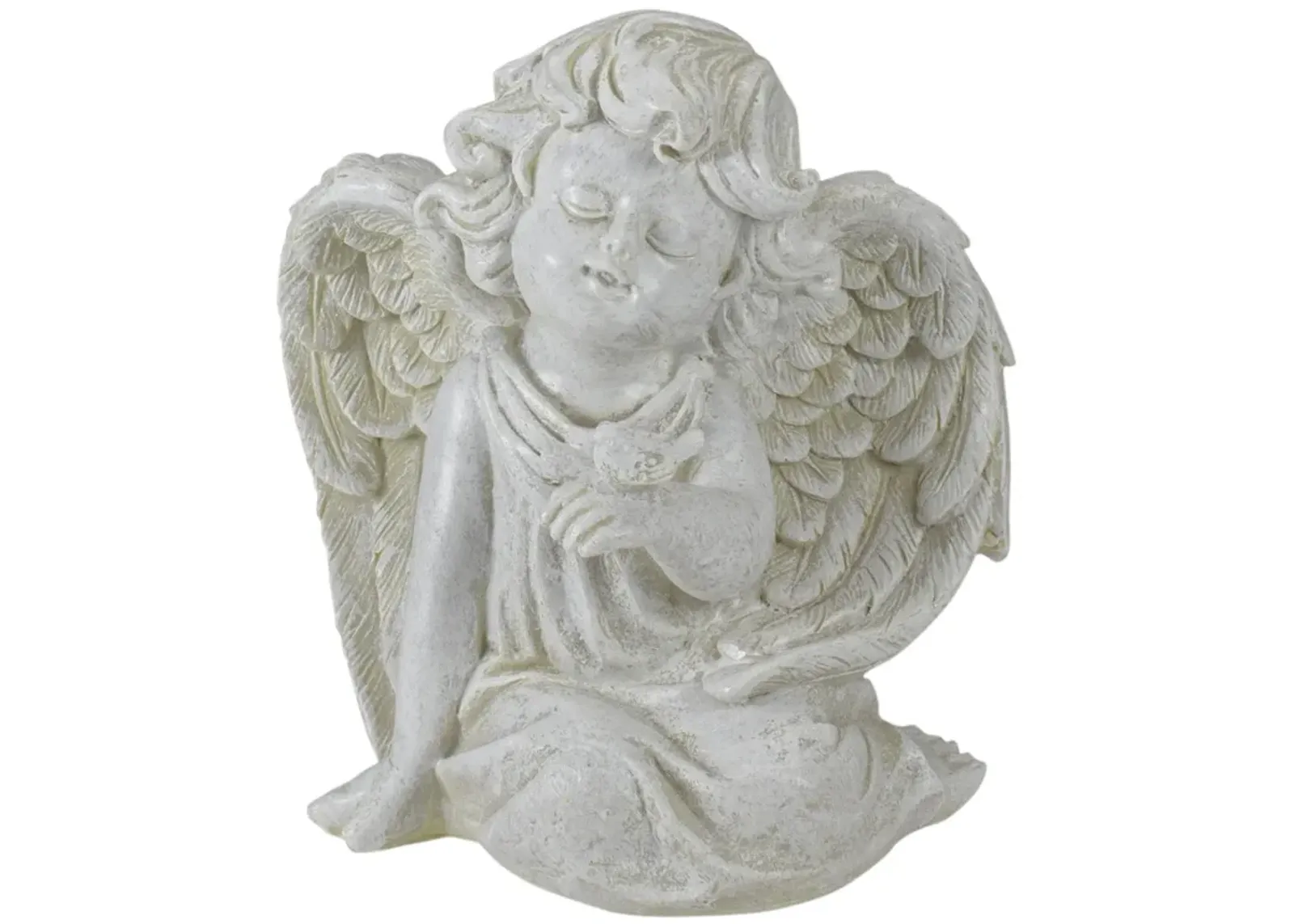 6" Ivory Sitting Angel with Bird Outdoor Garden Statue