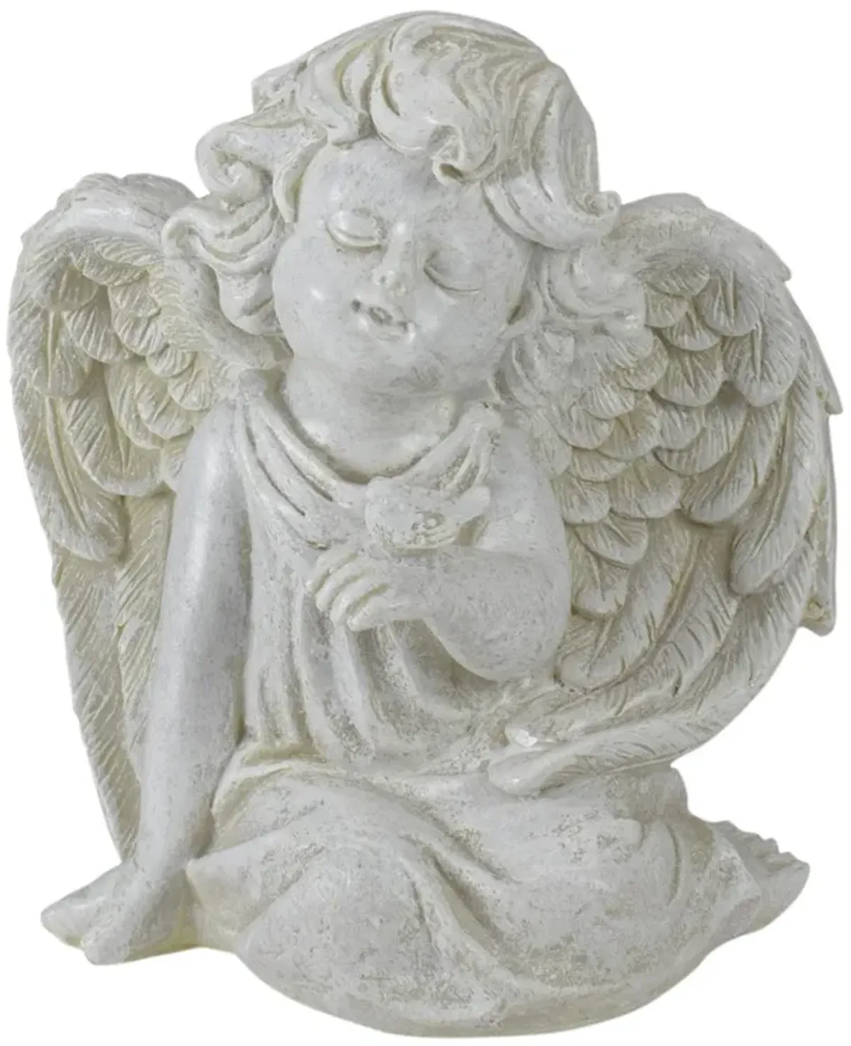 6" Ivory Sitting Angel with Bird Outdoor Garden Statue